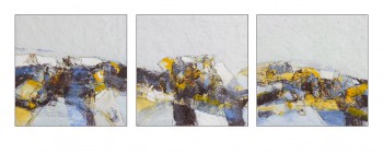Paysage bleu et jaune et gris, encaustique sur panneau 30x30