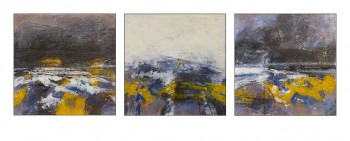 Paysage bleu et noir et jaune et blanc, encaustique sur panneau 30x30